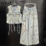 WTHT Vintage 2025 Summer Women's Bandage Single-breasted Denim Vest Fashion High-waisted Loose Wide Leg Jeans Female 1LS1482 - treasures-4-u-2-day