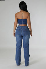 Women's Destroyed Ripped Hole Denim Pants Pearl Rhinestones Chain Distressed Slim Fit Skinny Jeans Y2K Night Club Party Jeans