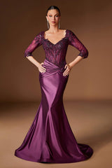 Ladivine CD731 Fitted Embroidered Bodice Stretch Satin Evening Gown