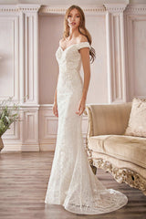 Cinderella Divine CD929 Fitted Off The Shoulder Bridal Gown Floral Lace Applique