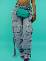 Plus Size Daily Light Blue Spring Summer Pocket Cargo Denim Jeans High Street Harajuku High Waist Casual Loose Denim Trousers - treasures-4-u-2-day