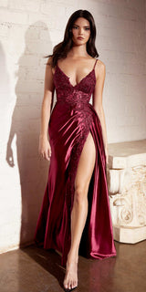 Ladivine CM318 Lace & Satin Dress with Leg Slit
