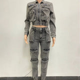 Pant Sets Long Sleeve Women Tracksuit Zipper Denim Coat Cargo Ankle Length Pants Pockets High Street Spliced Slim 2024 - treasures-4-u-2-day