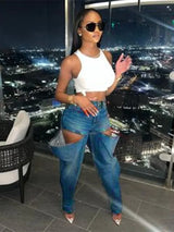 Hollow Elastic Women Demin Jeans High Waist Pockets Causal Vintage Bottoms Female Fashion Y2K Streetwear Clothing