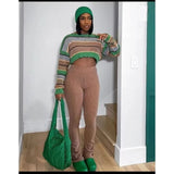 Women 2 Piece Set Long Sleeve Striped Sweater and Sweat Pants Suits 2024 Winter Fitness Active Two Piece Lounge Sets Tracksuit