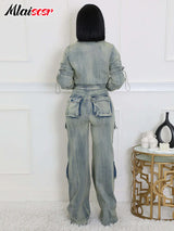 Mlaiscsr Vintage Stretch Denim 2 Piece Pants Sets Women Zip Slim Jackets and Pocket Cargo Jeans Outfit Streetwear Winter Suits - treasures-4-u-2-day