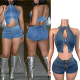 FAGADOER Y2K Sexy Denim 2 Piece Sets Woman Outfit Zipper Sleeveless Backless Halter Crop Top and Shorts Suits Female Streetwear