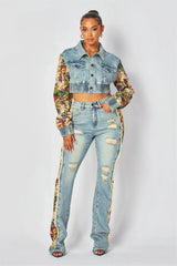2024 Women's Printed Splicing Denim Jacket Long Sleeve and Piercing Jeans Long Pants Color Contrasting Set Two Piece Set