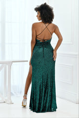 Eclipse Deep-V Lace Up Corset Slit Detail Gown (Grn Sequin) - treasures-4-u-2-day