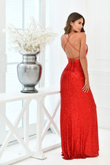 Eclipse Deep-V Lace Up Corset Slit Detail Gown (Red Sequin) - treasures-4-u-2-day