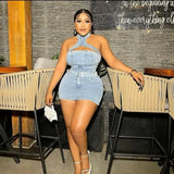 Denim Dress Sets Mini Wrap Buttocks Dress Slim Sheath Solid Two Pieces Sashes Sexy Pullover Tops Washed High Street Spliced