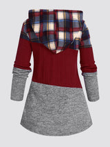 Plus Size Womens Suit Hooded Sweatshirts Colorblock Plaid Print Hoodie Drawstring Textured Tops Imitation Denim Pants Set L-5XL - treasures-4-u-2-day