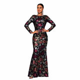 Embroidered Floral Long Sleeve Evening Gown