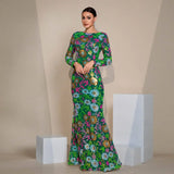 Embroidered Floral Long Sleeve Evening Gown