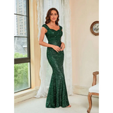 Emerald Green Suspenders Mid Waist Sequin Gown