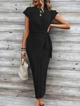 Elegant Waist Strap Striped Round Neck Short Sleeve And Long Pattern Dress