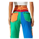 Distressed Color Patchwork Women Denim Pants Fringe High Waist Zipper Fly Jeans 2023 Fall Winter Y2K Streetwear Sexy Club Outfit
