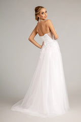 3-D Flower Embellished Mesh Wedding Gown w/ Rhinestone and Glitter Embellished