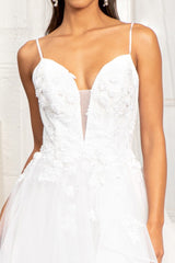 Embroidery & 3D Floral Applique Embellished V-Neck Mesh Wedding Dress - treasures-4-u-2-day