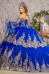 Gold Sequin Off Shoulder Mesh Ball Gown w/ Detachable Long Sleeves