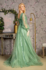 Bead Sequin Mesh A-line Long Dress w/ Sheer Puff Sleeves
