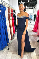 Katrina Off-The-Shoulder Sequin Sweetheart Formal Gwn (Navy) - treasures-4-u-2-day