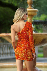 Rita Single Sleeve Sequin Cocktail Party Mini Dress (Orange) - treasures-4-u-2-day