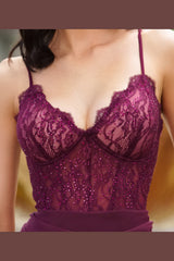 Misha Sheer Lace Bralette Ruched Jersey Mini Dress (Mulb) - treasures-4-u-2-day