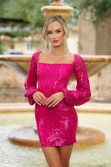 Sylvia Long Sleeve Sequin Cocktail Party Mini (Fuchsia) - treasures-4-u-2-day