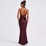 Navy Blue Elegant Backless Sleeveless Satin Gown