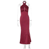 Navy Blue Elegant Backless Sleeveless Satin Gown