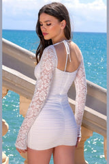 Rhodes Long Lace Sleeve Cocktail Party Mini Dress (White) - treasures-4-u-2-day