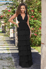 Saylor V-Neckline Pleated Satin Ruffle Maxi Dress (Black) - treasures-4-u-2-day