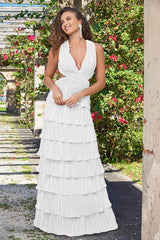 Saylor Lustrous Pleated Satin Ruffle Maxi Dress (White) - treasures-4-u-2-day