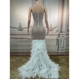 Silver Feathered Hips Nightclub Bar Sleeveless Long Gown