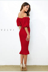 The Skyla Shirred Puff Lantern Sleeve Midi Dress (Red) - treasures-4-u-2-day