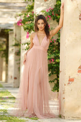 Sydney Deep-V Sheer Satin Pleated Bodice Maxi Dress (Blush) - treasures-4-u-2-day