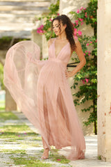 Sydney Deep-V Sheer Satin Pleated Bodice Maxi Dress (Blush) - treasures-4-u-2-day