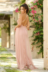 Sydney Deep-V Sheer Satin Pleated Bodice Maxi Dress (Blush) - treasures-4-u-2-day