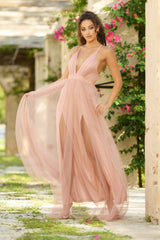 Sydney Deep-V Sheer Satin Pleated Bodice Maxi Dress (Blush) - treasures-4-u-2-day