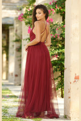 Sydney Deep-V Sheer Satin Pleated Bodice Maxi Dress (Wine) - treasures-4-u-2-day