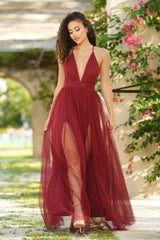 Sydney Deep-V Sheer Satin Pleated Bodice Maxi Dress (Wine) - treasures-4-u-2-day