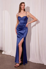 Ladivine Amoris T608 Long Fitted Satin Prom Gown Corset Bodice Slit