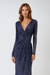 Ladivine Amoris T807 Knee Length Long Sleeve Sequin Dress V-Neckline