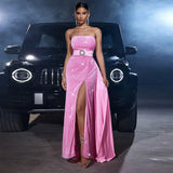 Velvet Sequined Cinched Waist Pink Evening Gown