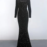 Women Modest Stretch Sequin Royal Blue Evening Gown