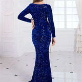 Women Modest Stretch Sequin Royal Blue Evening Gown