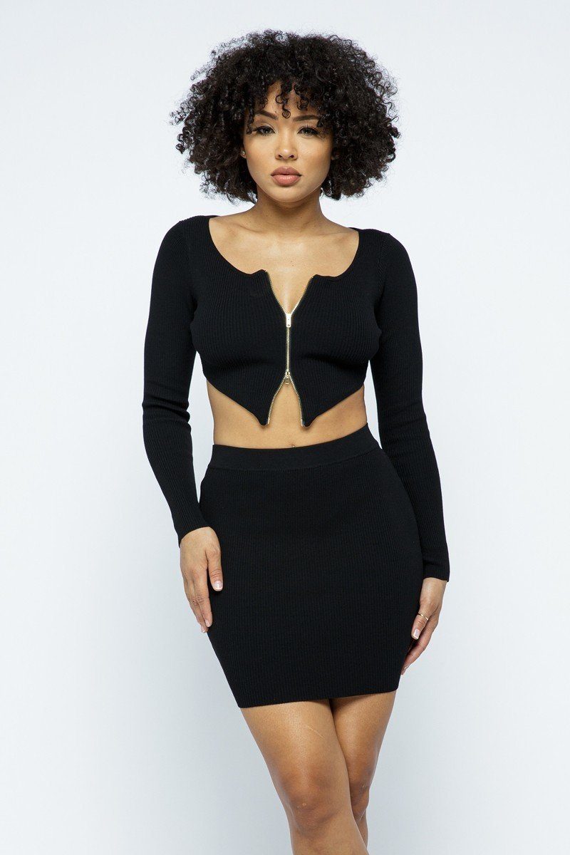 Roxanne Rocks Rayon Blend 2-Way Front Zip Detail Long Sleeve Crop Top  High-Waist Two Piece Mini Skirt Set (Black)