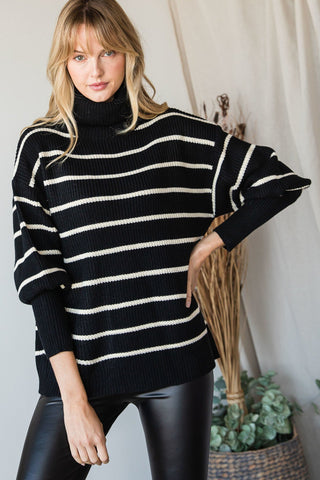 Henna Sienna Polyester Blend Long Cuff Sleeve Heavy Knit Striped Turtle Neck Knit Sweater (Black)