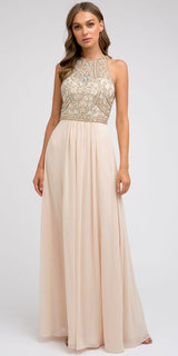 Juliet 609 A Line Chiffon Floor Length Gown Cut Out Back
